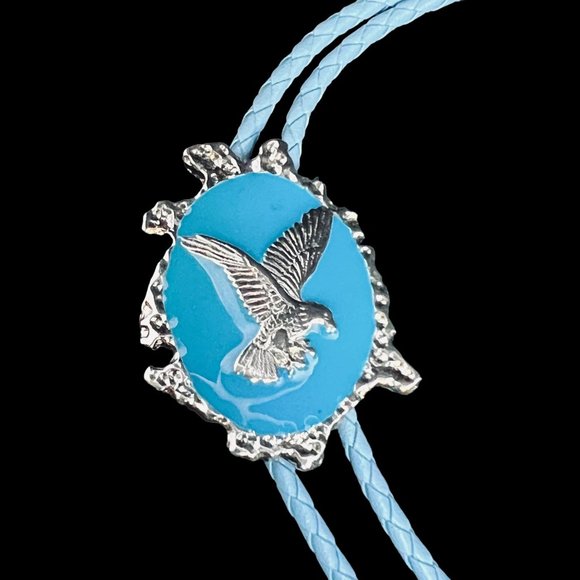Western Aqua Blue & Silver Tone Eagle Bolo Tie Necklace (4736, 1-2) - Picture 5 of 6